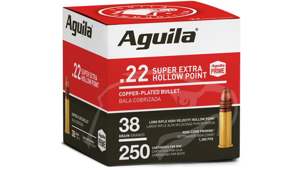 Aguila Ammunition 22LR 38 Grain Copper Plated Hollow Point, Brass Case, Ammo, 250 Rounds, 1B221103