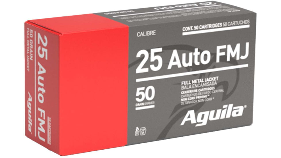 Aguila Ammunition .25 AUTO 50 Grain Full Metal Jacket, Brass Case, Pistol Ammo, 50 Rounds, 1E252110