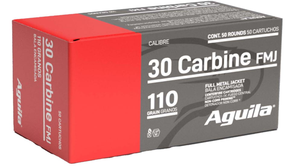 Aguila Ammunition .30 Carbine 110 Grain Full Metal Jacket, Brass Case, Rifle Ammo, 50 Rounds, 1E302110