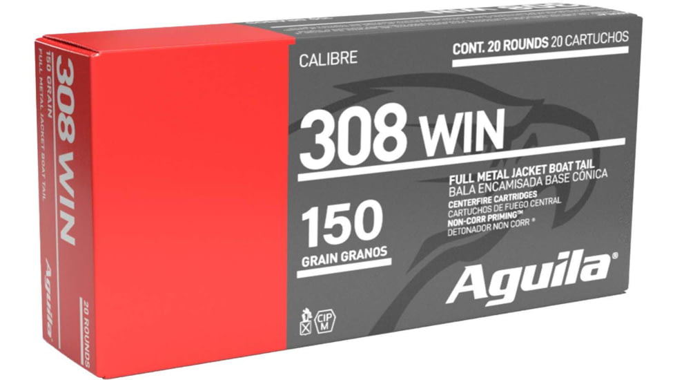 Aguila Ammunition 308 Win 150 Grain Full Metal Jacket Boat Tail, Brass Case, Ammo, 20 Rounds, 1E308110
