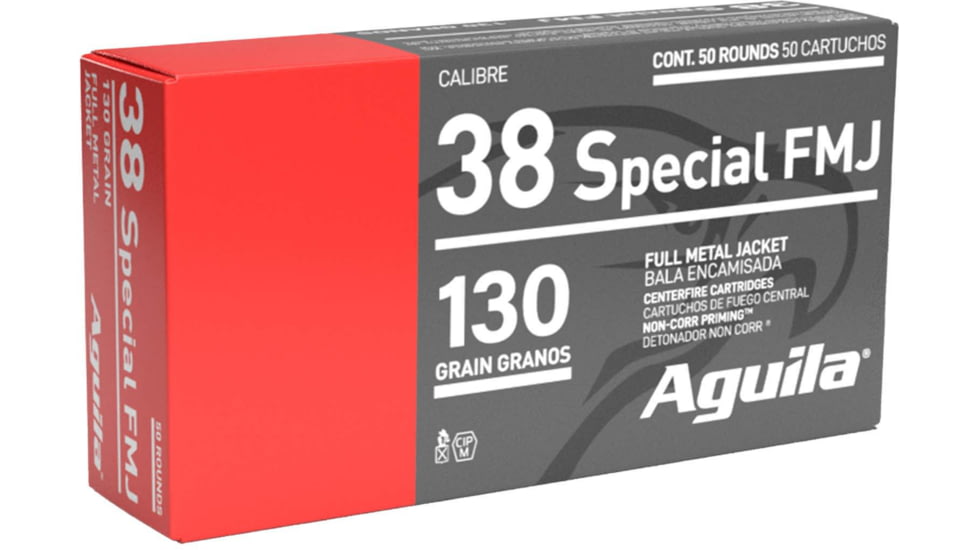 Aguila Ammunition .38 SPL 130 Grain Full Metal Jacket, Brass Case, Pistol Ammo, 50 Rounds, 1E382521