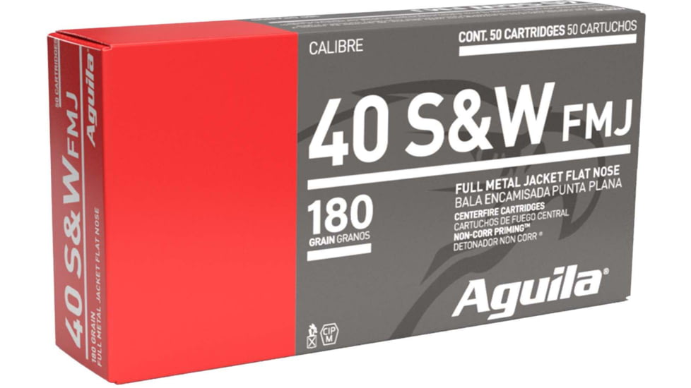 Aguila Ammunition .40 S&amp;W 180 Grain ull Metal Jacket Flat Nose, Brass Case, Pistol Ammo, 50-Rounds, 1E402110