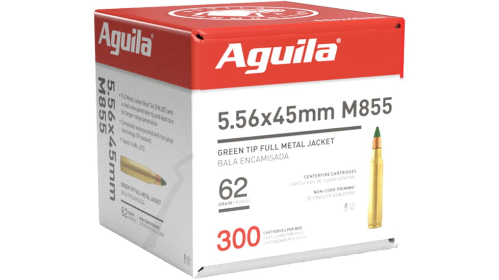 Aguila Ammunition 5.56x45mm NATO 62 Grain Green Tipped Full Metal Jacket Brass Cased Centerfire Rifle Ammo, 300 Rounds, 1E556125