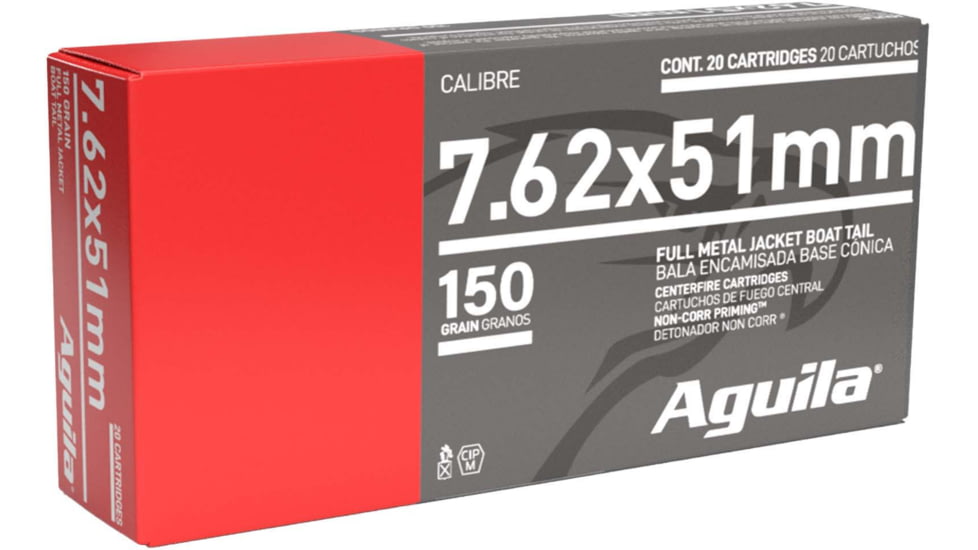 Aguila Ammunition 7.62/308 150 Grain Full Metal Jacket Boat Tail, Brass Case, Rifle Ammo, 20 Rounds, 1E762110