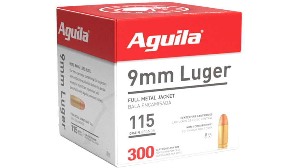 Aguila Ammunition 9mm Luger 115 Grain Full Metal Jacket, Brass Case, Pistol Ammo, 300 Rounds, 1E097700