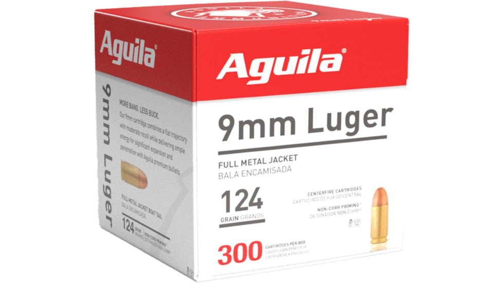 Aguila Ammunition 9mm Luger 124 Grain Full Metal Jacket, Brass Case, Pistol Ammo, 1115 ft/s, 300 Rounds, 1E092108