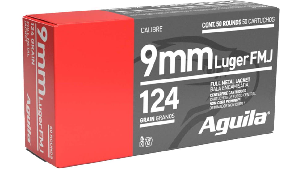 Aguila Ammunition 9mm Luger 124 Grain Full Metal Jacket, Brass Case, Pistol Ammo, 1115 ft/s, 50 Rounds, 1E092110