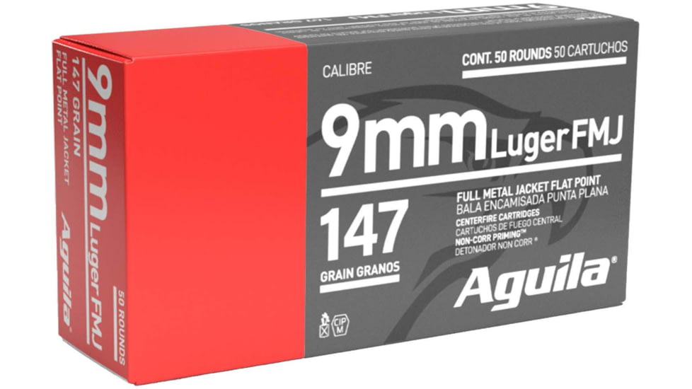 Aguila Ammunition 9mm Luger 147 Grain Full Metal Jacket Flat Point, Brass Case, Pistol Ammo, 50 Rounds, 1E097719