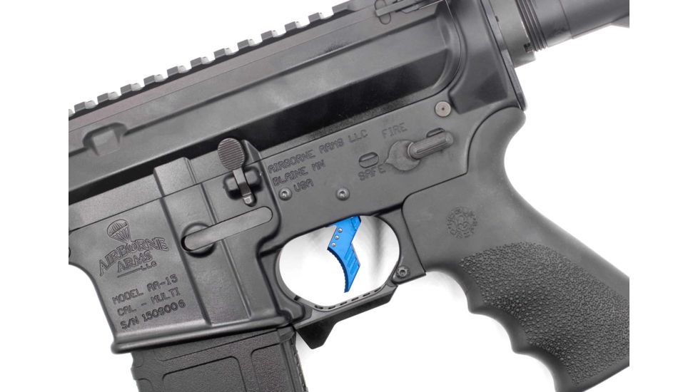 Airborne Arms Geronimo Trigger System, Extended Reach Talon, AR-9/ AR-10/ AR-15, 3-4 lb Pull Weights, Ambidextrous, Curved, Blue, Extended, ABN-AAGT-CMU1