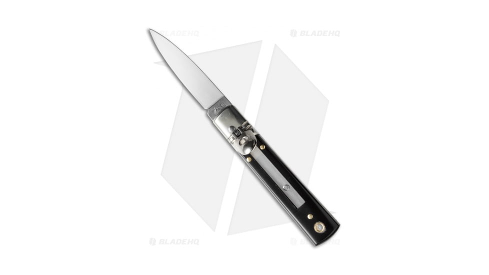 AKC Classic 6 Automatic Folding Knife, 2.50in, Stainless Steel, Dagger Blade, Dark Horn, Black Handle, Black/Steel, 6.00 inch, BHQ-50811