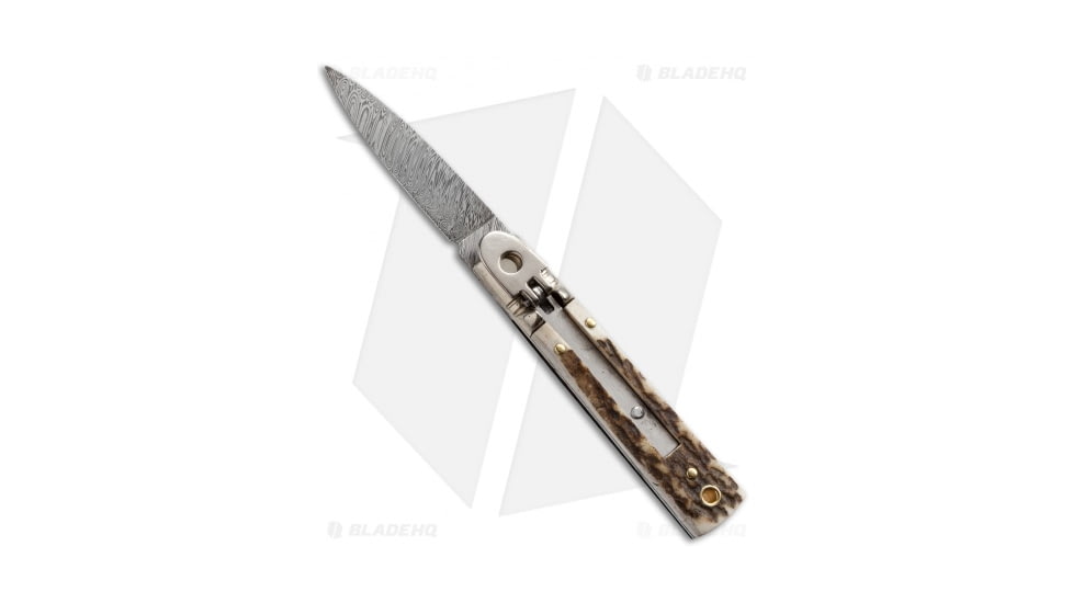 AKC Classic 6 Automatic Folding Knife, 2.50in, Damascus, Spear Point Blade, Stag, Brown Handle, Brown/Steel, 6.00 inch, BHQ-50890