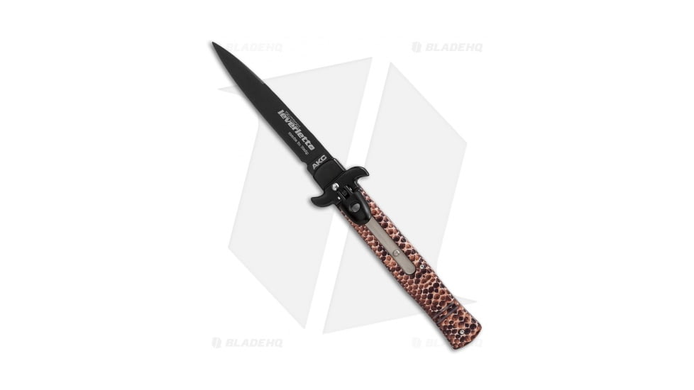 AKC Leverletto 7.5 Italian Automatic Folding Knife, 3.25in, Stainless Steel, Bayonet Blade, Aluminum, Brown Handle, Snake, Brown/Black, 7.50 inch, BHQ-50863