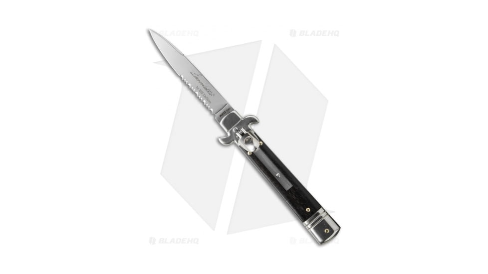 AKC Leverletto 7.5 Italian Automatic Folding Knife, 3.25in, Stainless Steel, Spear Point Blade, Wood, Black Handle, Satin Serr, Black/Steel, 7.75 inch, BHQ-50870