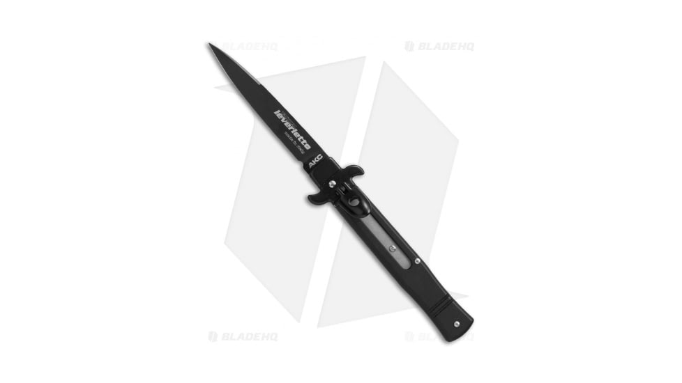 AKC Leverletto 7.5 Italian Automatic Folding Knife, 3.25in, Stainless Steel, Bayonet Blade, Aluminum, Black Handle, Flat, Black/Black, 7.50 inch, BHQ-50871