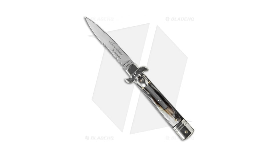 AKC Leverletto 7.5 Italian Automatic Folding Knife, 3.25in, Stainless Steel, Spear Point Blade, Brazilian Horn, Brown Handle, Brazilian, Satin Serr, Brown/Steel, 7.75 inch, BHQ-50872