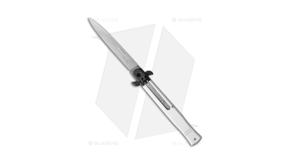 AKC Leverletto 9 Italian Automatic Folding Knife, 4.00in, Stainless Steel, Bayonet Blade, Aluminum, Silver Handle, Flat, Silver/Gray, 9.00 inch, BHQ-50857