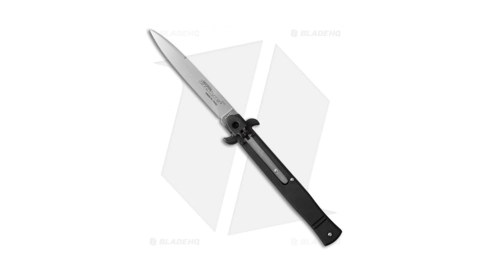 AKC Leverletto 9 Italian Automatic Folding Knife, 4.00in, Stainless Steel, Bayonet Blade, Aluminum, Black Handle, Satin Flat, Black/Gray, 9.00 inch, BHQ-50878