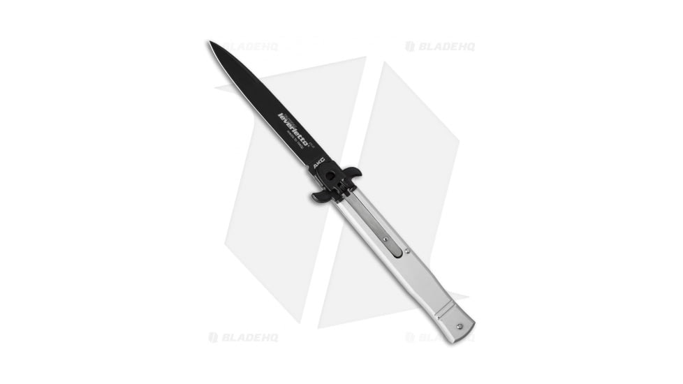 AKC Leverletto 9 Italian Automatic Folding Knife, 4.00in, Stainless Steel, Bayonet Blade, Aluminum, Silver Handle, Flat, Silver/Black, 9.00 inch, BHQ-50880