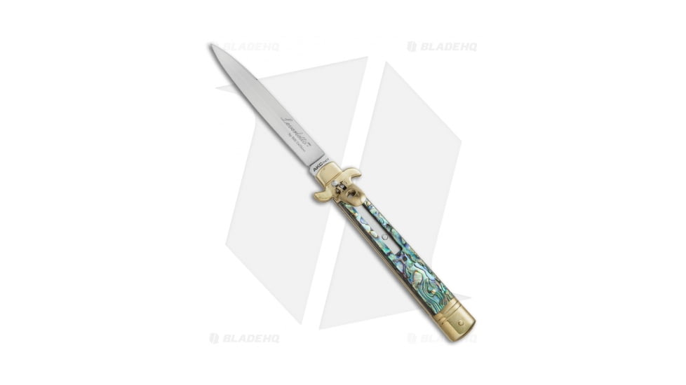 AKC Leverletto 9 Italian Automatic Folding Knife, 4.00in, Stainless Steel, Spear Point Blade, Abalone, Spectrum Handle, Brass/Abalone, Spectrum/Steel, 9.00 inch, BHQ-50901