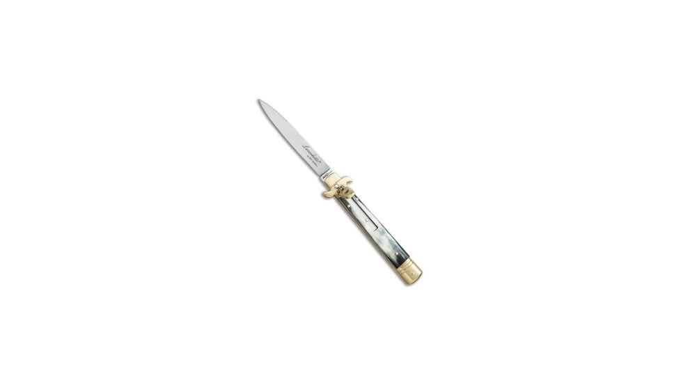 AKC Leverletto 9 Italian Automatic Folding Knife, 4.00in, Stainless Steel, Spear Point Blade, Brazilian Horn, Black/White Handle, Brass/Brazilian, Black/White/Steel, 9.00 inch, BHQ-50881