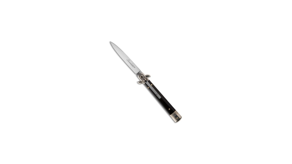 AKC Leverletto 9 Italian Automatic Folding Knife, 4.00in, Stainless Steel, Spear Point Blade, Dark Horn, Black Handle, Satin Flat, Black/Steel, 9.00 inch, BHQ-50876