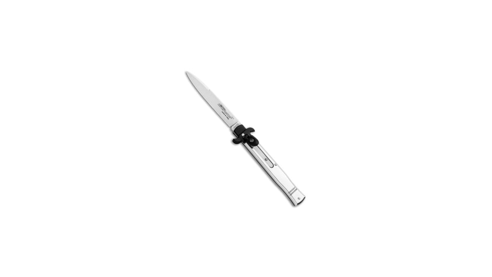 AKC Leverletto 9 Italian Automatic Folding Knife, 4.00in, Stainless Steel, Bayonet Blade, Aluminum, Silver Handle, Polished, Silver/Gray, 9.00 inch, BHQ-86766