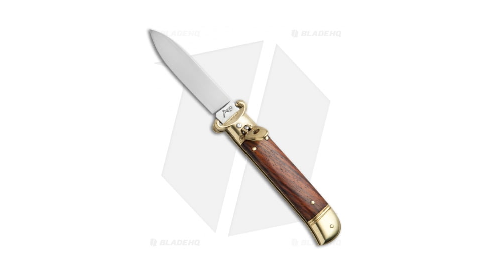 AKC Shot Puller 8 Italian Automatic Folding Knife, 3.125in, Stainless Steel, Dagger Blade, Cocobolo, Brown Handle, w/ Brass, Brown/Steel, 7.875 inch, BHQ-68893