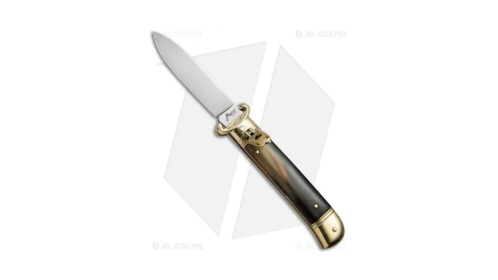 AKC Shot Puller 8 Italian Automatic Folding Knife, 3.125in, Stainless Steel, Spear Point Blade, Horn, Black Handle, Black/Steel, 7.875 inch, BHQ-68907