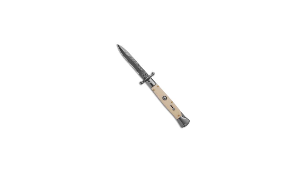 AKC Swinguard 9 Italian Stiletto Automatic Folding Knife, 4.00in, Stainless Steel, Bayonet Blade, Acrylic, White Handle, Sim Ivory, White/Black, 8.95 inch, BHQ-180887