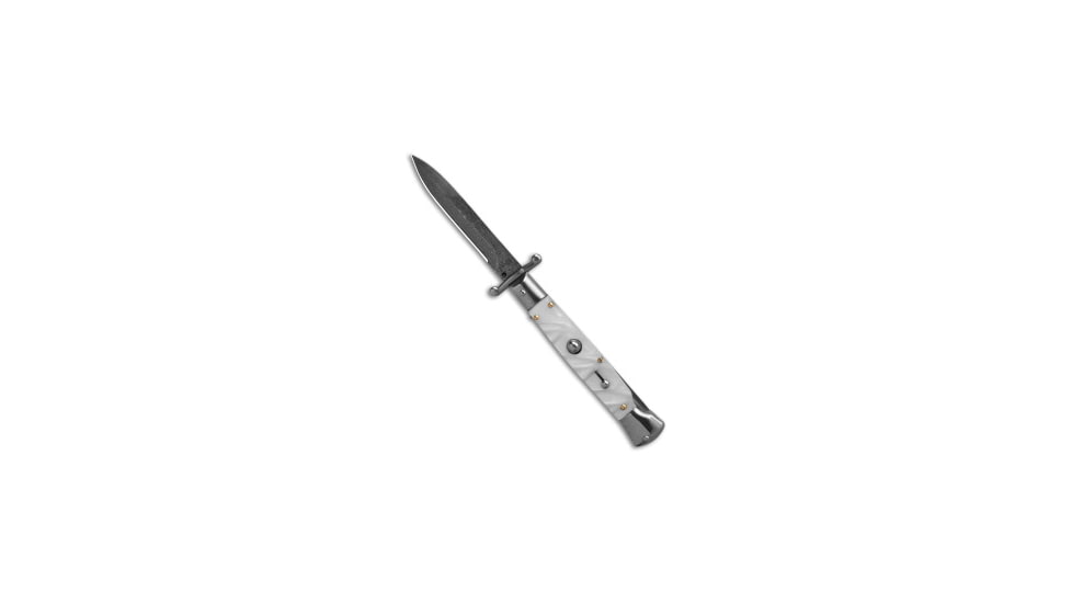 AKC Swinguard 9 Italian Stiletto Automatic Folding Knife, 4.00in, Stainless Steel, Bayonet Blade, Acrylic, White Handle, White Pearlex, White/Black, 8.95 inch, BHQ-180890