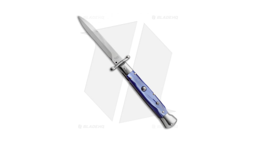 AKC Swinguard 9 Italian Stiletto Automatic Folding Knife, 4.00in, Stainless Steel, Bayonet Blade, Acrylic, Blue Handle, Pearlex, Blue/Steel, 9.00 inch, BHQ-50884