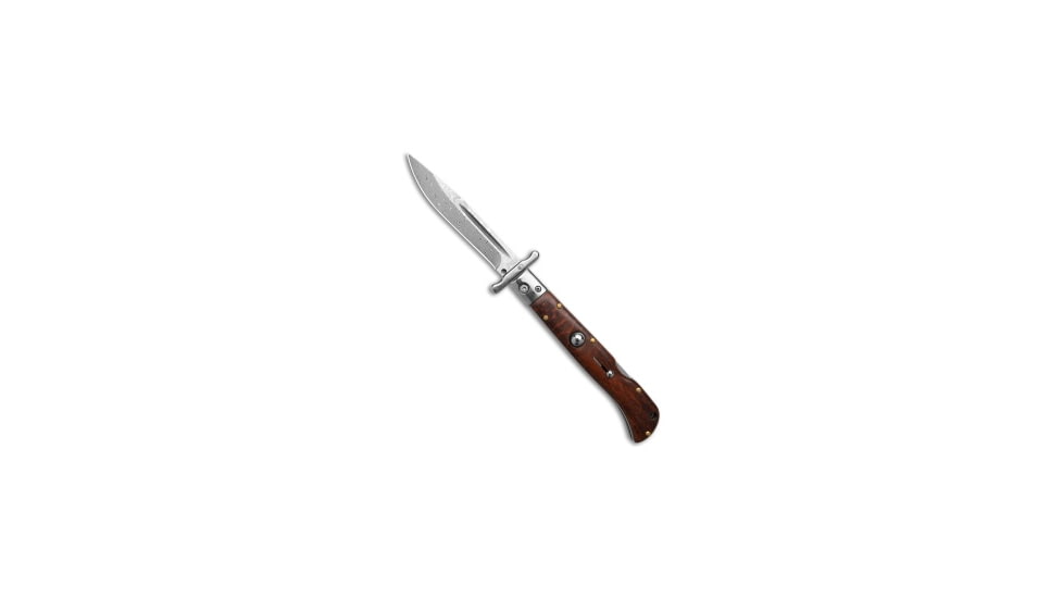 AKC World Italian Style 9 Roma Swinguard Automatic Folding Knife, 3.80in, Damascus, Drop Point Blade, Wood, Brown Handle, Brown/Black, 9.00 inch, BHQ-199704