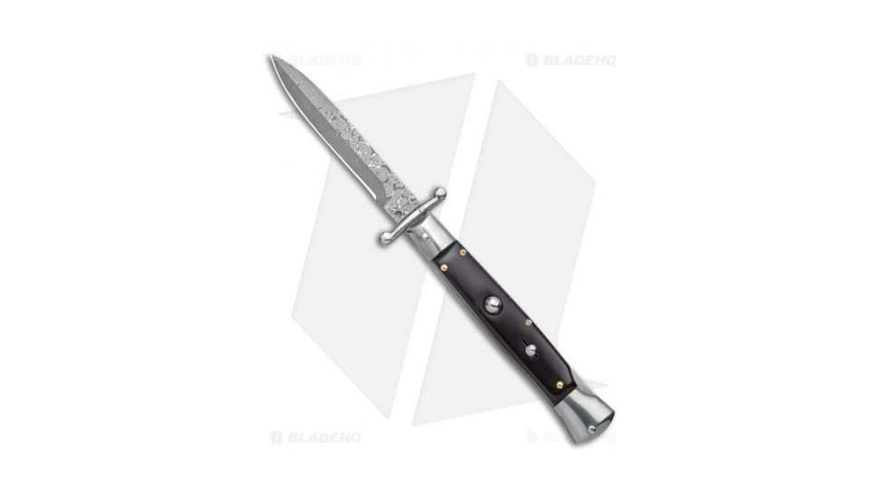 AKC World Swinguard 9 Italian Stiletto Automatic Folding Knife, 3.875in, Damascus, Bayonet Blade, Wood, Black Handle, Black/Black, 9.00 inch, BHQ-139709
