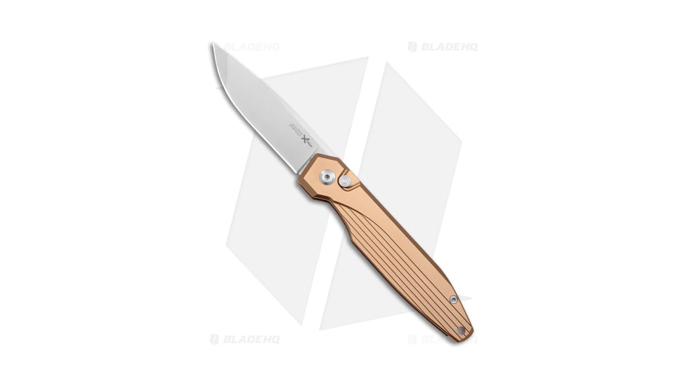 AKC X-Treme Dandy Automatic Folding Knife, 3.25in, D2, Drop Point Blade, Aluminum, Tan Handle, Stonewash, Tan/Gray, 7.85 inch, BHQ-176851