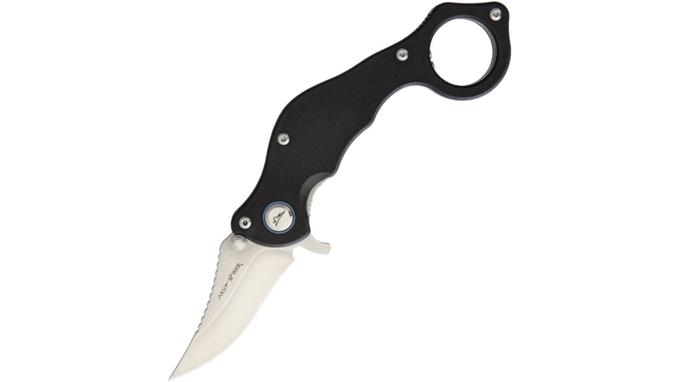 Aku Strike Weo Linerlock Folding Knife, 5.13in Closed, 2.5in Satin 8Cr13Mov SS Clip Point Blade, Black G10 Handle, Thumb Stud, Finger Ring, WEOBLKS