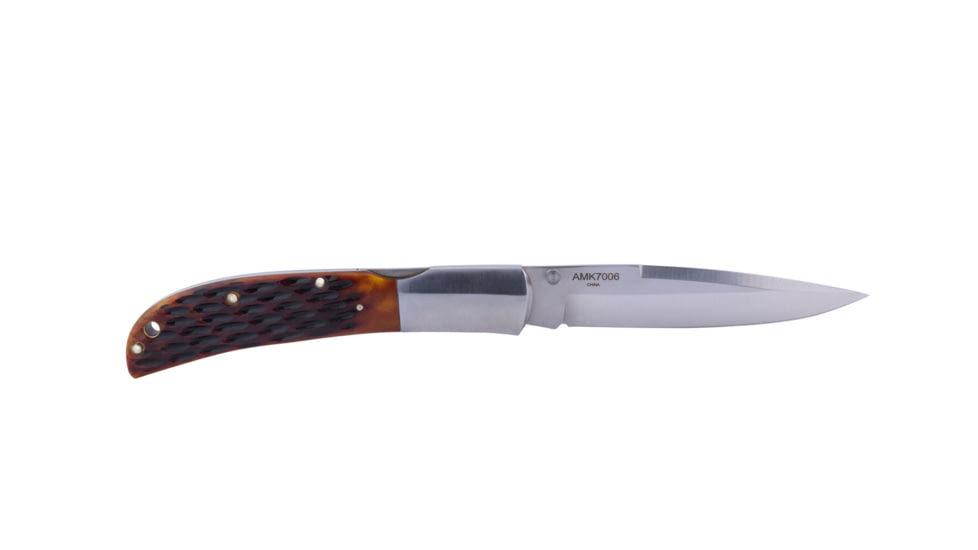 Al Mar Knives Honey Jigged Bone Series Folding Knife, 4.0 in TALON Blade, Traditional, Leather Slip Pouch, Honey Brown, Large, AMK7006