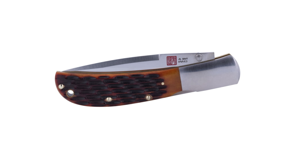Al Mar Knives Honey Jigged Bone Series Folding Knife, 4.0 in TALON Blade, Traditional, Leather Slip Pouch, Honey Brown, Large, AMK7006