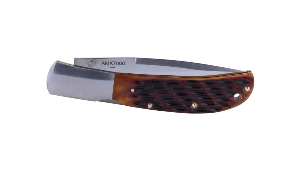 Al Mar Knives Honey Jigged Bone Series Folding Knife, 4.0 in TALON Blade, Traditional, Leather Slip Pouch, Honey Brown, Large, AMK7006