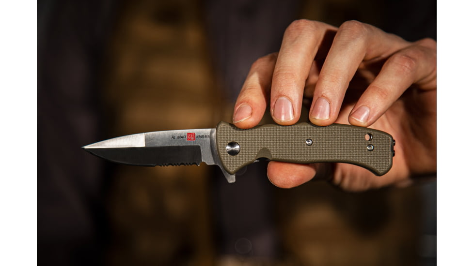 Al Mar Knives Mini S.E.R.E. 2020 OD Green Series Folding Knife, Spring Assist, 8Cr, 3 in, Combo, OD Green, AMK2209