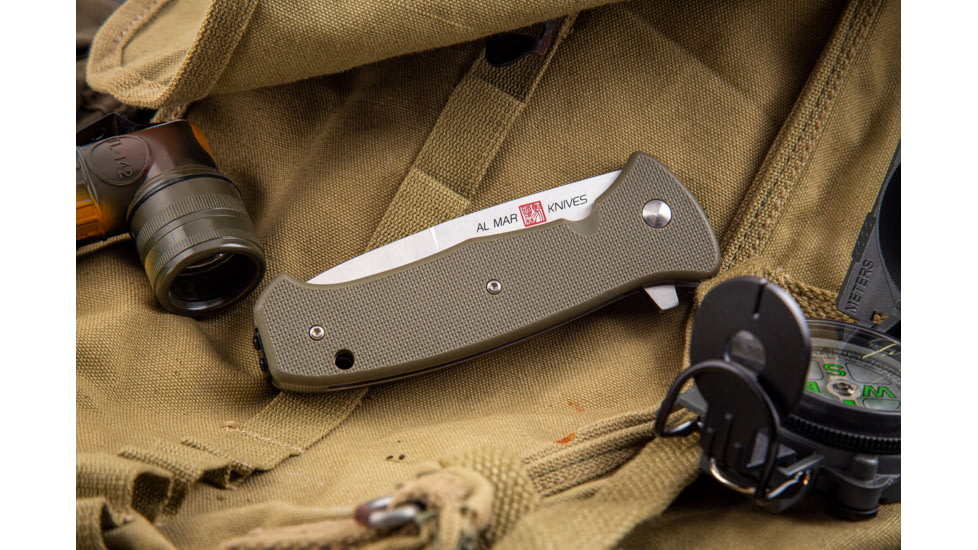 Al Mar Knives Mini S.E.R.E. 2020 OD Green Series Folding Knife, Spring Assist, 8Cr, 3 in, Combo, OD Green, AMK2209