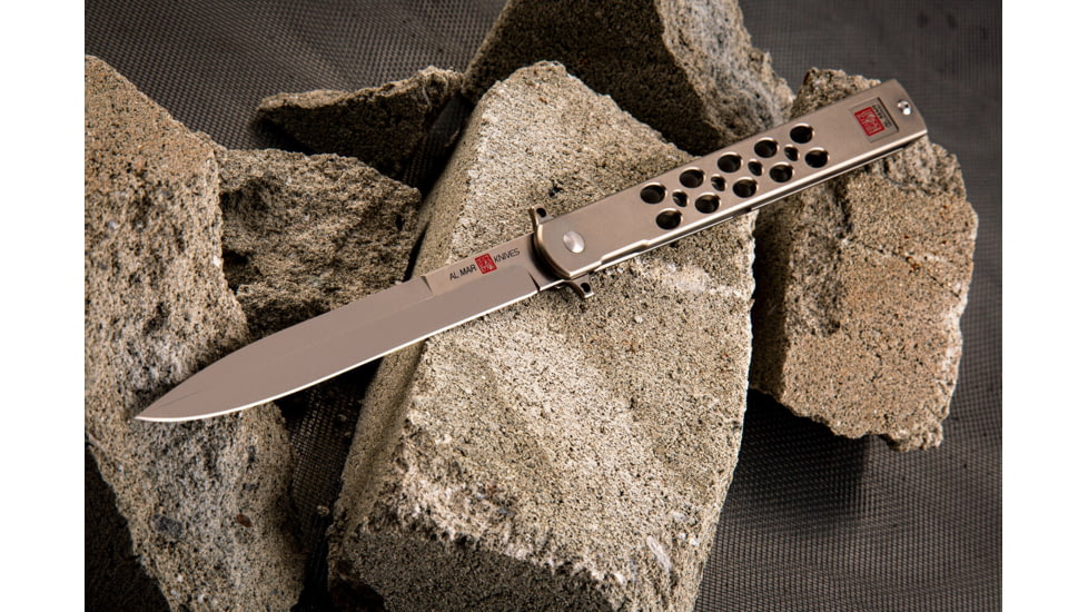 Al Mar Knives Quicksilver Ceramic Ball Bearing Folding Knife, D2, 5 in, Traditional Talon, TC4 Handle, Silver, AMK4046