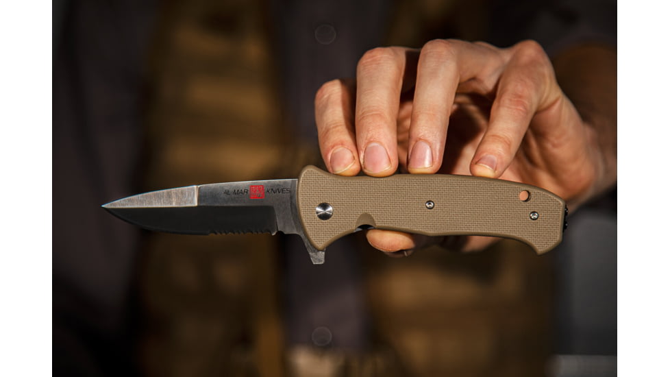 Al Mar Knives S.E.R.E. 2020 Coyote Series Folding Knife, Spring Assist, 8Cr, 3.6 in, Combo, Coyote, AMK2215