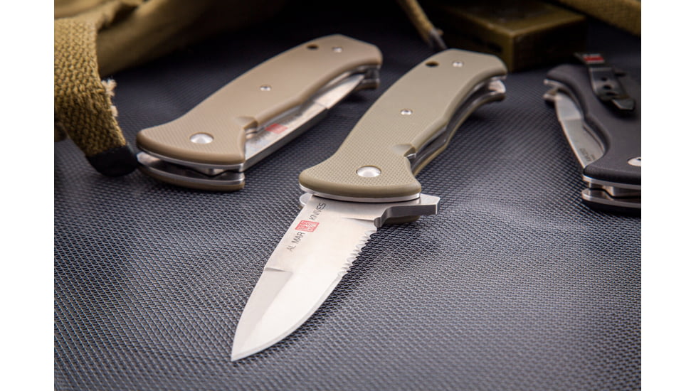 Al Mar Knives S.E.R.E. 2020 Coyote Series Folding Knife, Spring Assist, 8Cr, 3.6 in, Combo, Coyote, AMK2215