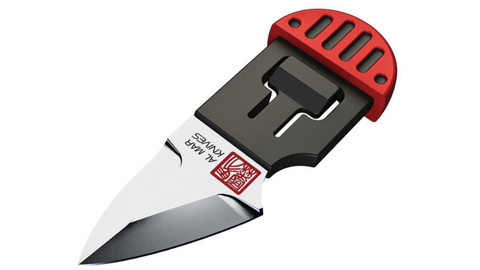 Al Mar Knives Stinger Keyring Knife Red, 1.25 satin finish D2 tool steel blade, Black polymer handle with red TPR overmold, AMK1001RBK-BL