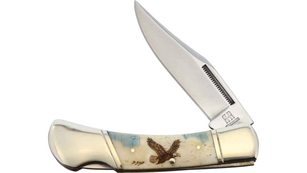 Alaska Scrimshaw Connection Eagle Lockback Folding Knife, 2.75 mirror finish stainless clip point blade, Natural smooth bone handle, EWU