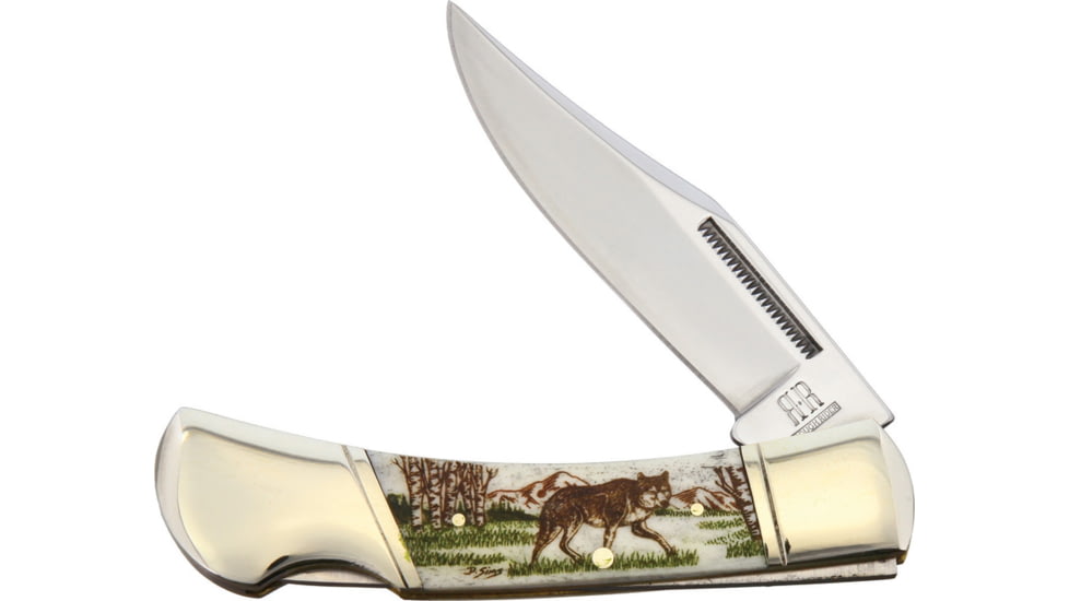 Alaska Scrimshaw Connection Wolf Lockback Folding Knife, 2.75 mirror finish stainless clip point blade, Natural smooth bone handle, WFB