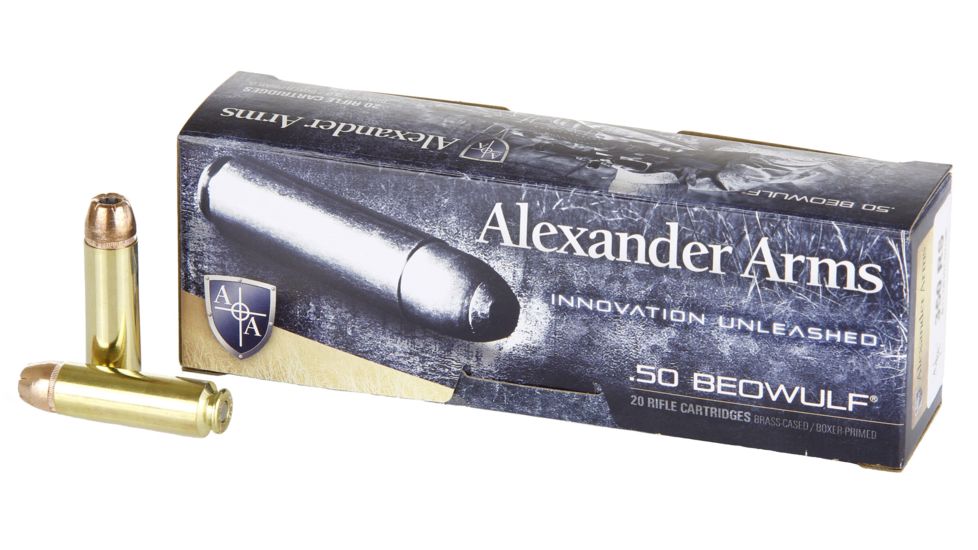 Alexander Arms Loaded, .50 Beowulf, 350 Grain, Hornady XTP, Centerfire Rifle Ammo, Box of 20, A-B350XTPBOX