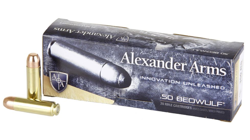 Alexander Arms Loaded, .50 Beowulf, 350 Grain, Round Shoulder, Centerfire Rifle Ammo, Box of 20, A-B350RSBOX