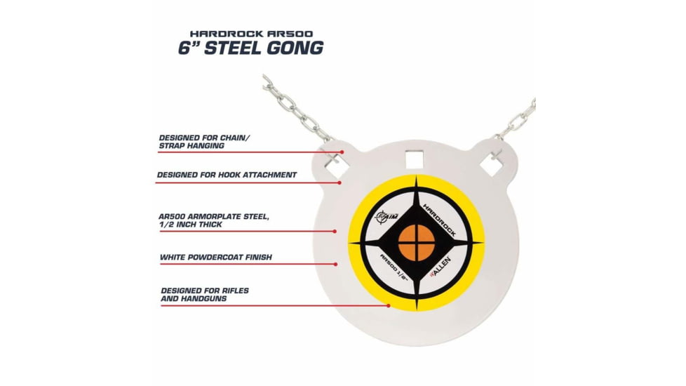 Allen EZ Aim 6-inch Hardrock AR500 Steel Gong Shooting Target, .50in Thickness, White/Yellow/Black, 15597