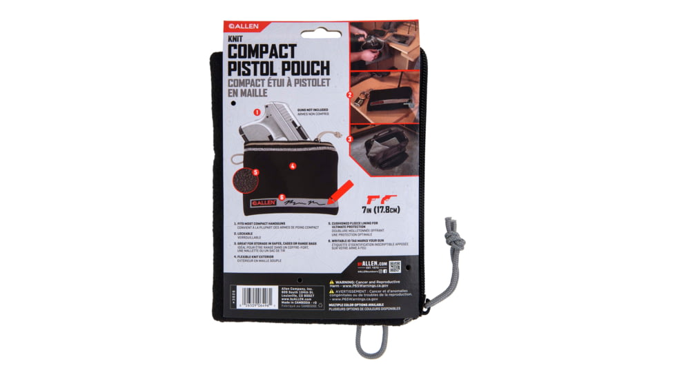 Allen Lockable Handgun Storage Pouch, Compact Size Handgun, 5 x 7in, Black, 3626
